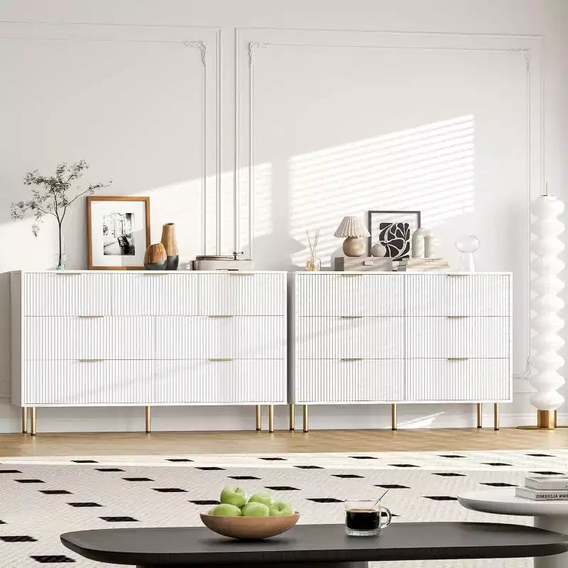 Commode à 7 tiroirs - Rangement en bois large avec poignées métalliques pour chambre et salon