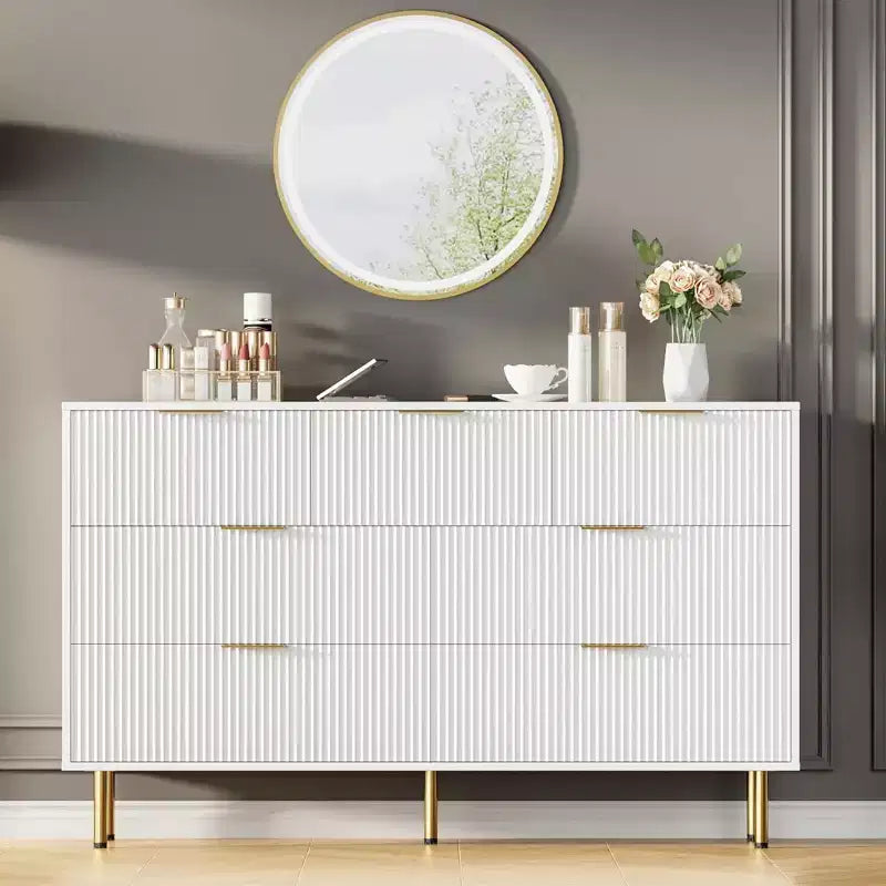 Commode à 7 tiroirs - Rangement en bois large avec poignées métalliques pour chambre et salon