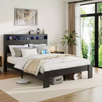Bed Frame Queen/King Size,Wood Platform with Under Bed Storage LED Light Headboard and 2 USB,Noise Free,No Box Spring Needed,Dark Black