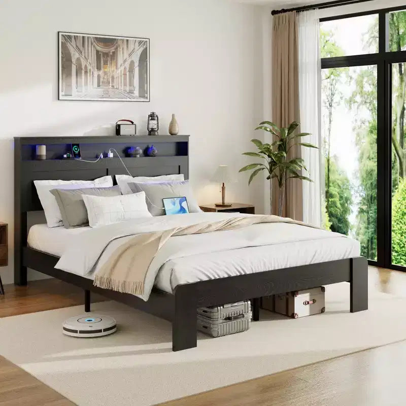 Bed Frame Queen/King Size,Wood Platform with Under Bed Storage LED Light Headboard and 2 USB,Noise Free,No Box Spring Needed,Dark Black