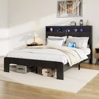 Lit plateforme queen/king size, en bois, avec rangement sous le lit, tête de lit lumineuse à LED et 2 ports USB, silencieux, sans sommier tapissier, noir foncé
