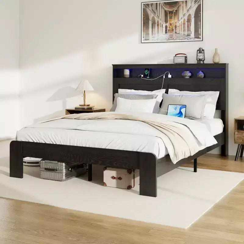 Lit plateforme queen/king size, en bois, avec rangement sous le lit, tête de lit lumineuse à LED et 2 ports USB, silencieux, sans sommier tapissier, noir foncé