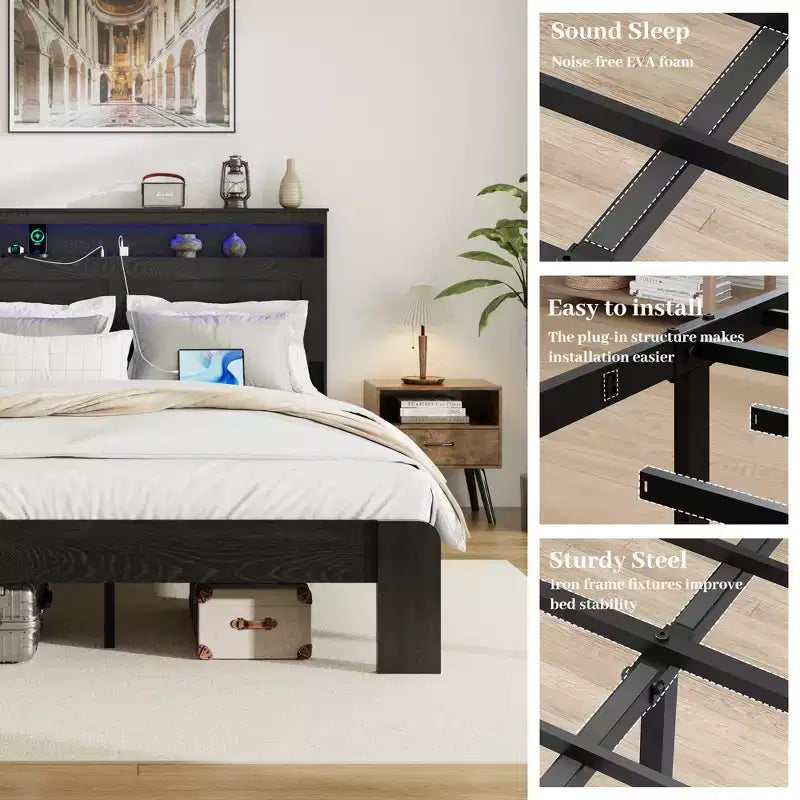 Lit plateforme queen/king size, en bois, avec rangement sous le lit, tête de lit lumineuse à LED et 2 ports USB, silencieux, sans sommier tapissier, noir foncé