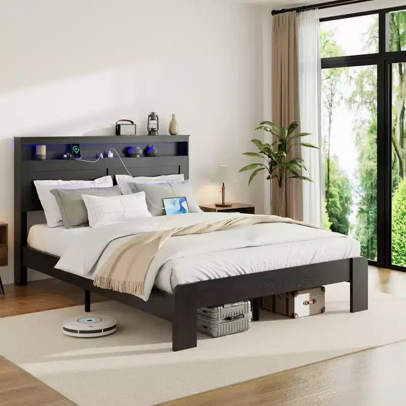 Lit plateforme queen/king size, en bois, avec rangement sous le lit, tête de lit lumineuse à LED et 2 ports USB, silencieux, sans sommier tapissier, noir foncé