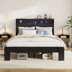 Lit plateforme queen/king size, en bois, avec rangement sous le lit, tête de lit lumineuse à LED et 2 ports USB, silencieux, sans sommier tapissier, noir foncé
