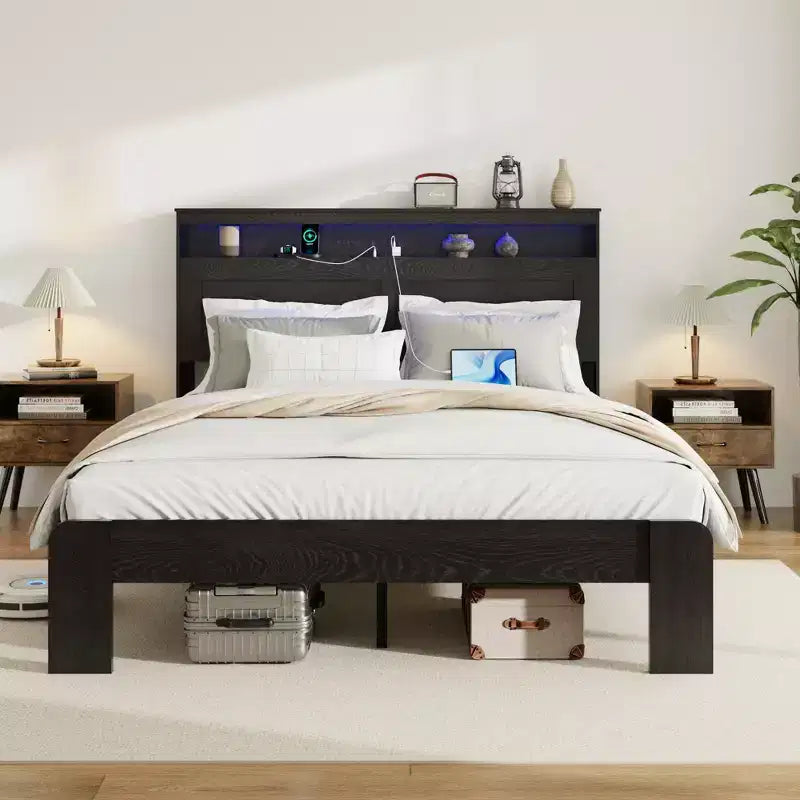 Lit plateforme queen/king size, en bois, avec rangement sous le lit, tête de lit lumineuse à LED et 2 ports USB, silencieux, sans sommier tapissier, noir foncé