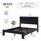 Lit plateforme queen/king size, en bois, avec rangement sous le lit, tête de lit lumineuse à LED et 2 ports USB, silencieux, sans sommier tapissier, noir foncé