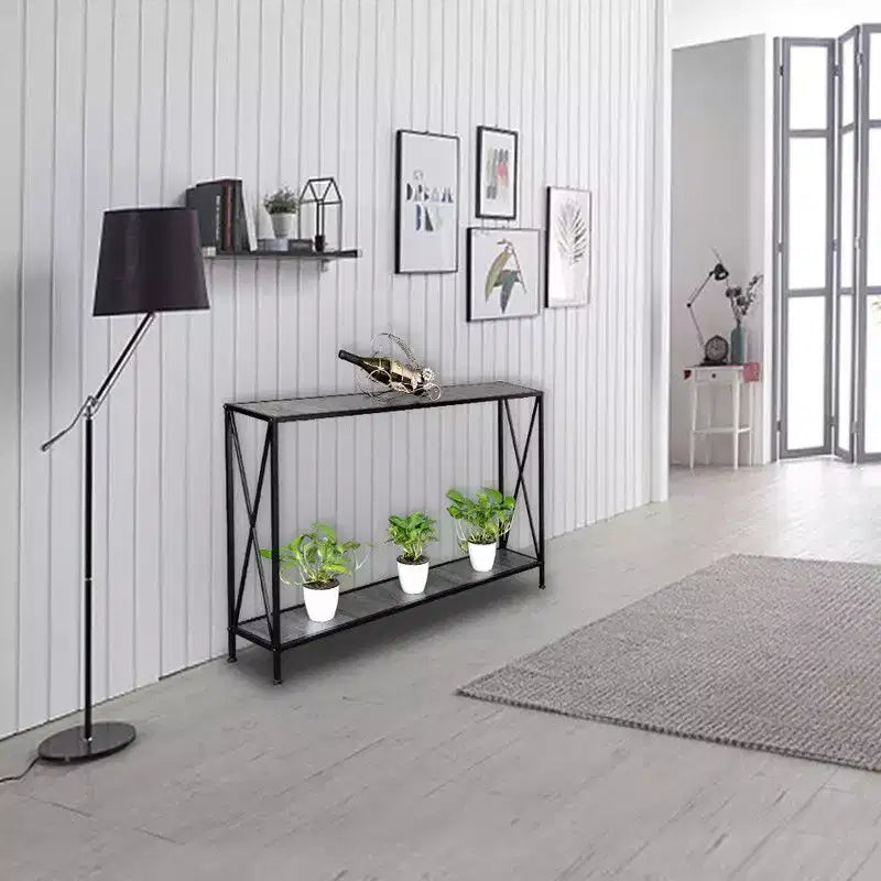 Table de rangement d'entrée simple à 2 couches en forme de X, cadre latéral en panneau de fibres à densité moyenne, cadre en fer 120 * 23 * 74cm, plateau gris, cadre noir.
