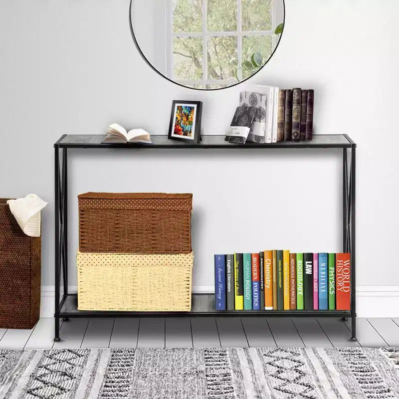 Table de rangement d'entrée simple à 2 couches en forme de X, cadre latéral en panneau de fibres à densité moyenne, cadre en fer 120 * 23 * 74cm, plateau gris, cadre noir.