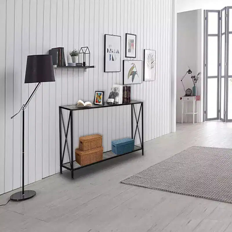 Table de rangement d'entrée simple à 2 couches en forme de X, cadre latéral en panneau de fibres à densité moyenne, cadre en fer 120 * 23 * 74cm, plateau gris, cadre noir.