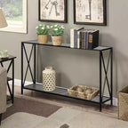 Table de rangement d'entrée simple à 2 couches en forme de X, cadre latéral en panneau de fibres à densité moyenne, cadre en fer 120 * 23 * 74cm, plateau gris, cadre noir.