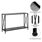 Table de rangement d'entrée simple à 2 couches en forme de X, cadre latéral en panneau de fibres à densité moyenne, cadre en fer 120 * 23 * 74cm, plateau gris, cadre noir.