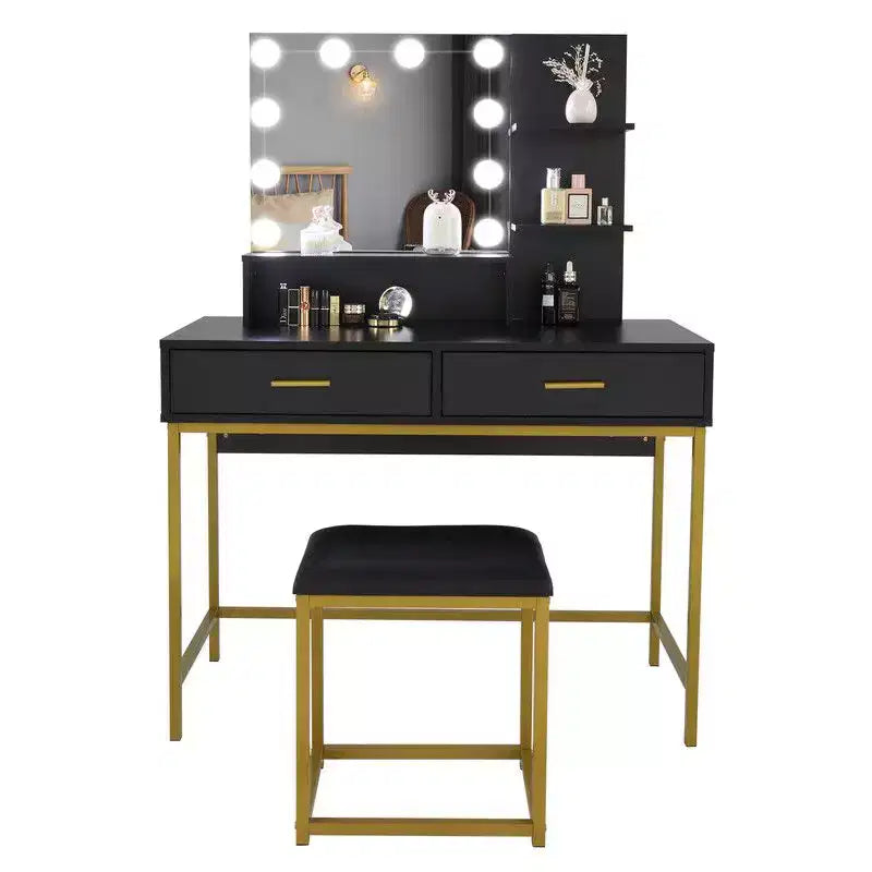 Black Particle Board Steel Shelf Two Drawers Three Shelves Three Tone Light Luxury Style Dressing Table Set