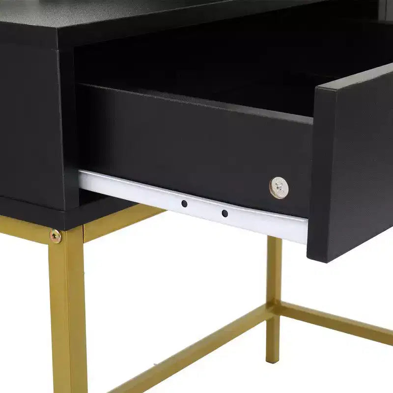 Ensemble coiffeuse style luxe léger trois tons avec étagère en acier, deux tiroirs et trois étagères en panneaux de particules noirs