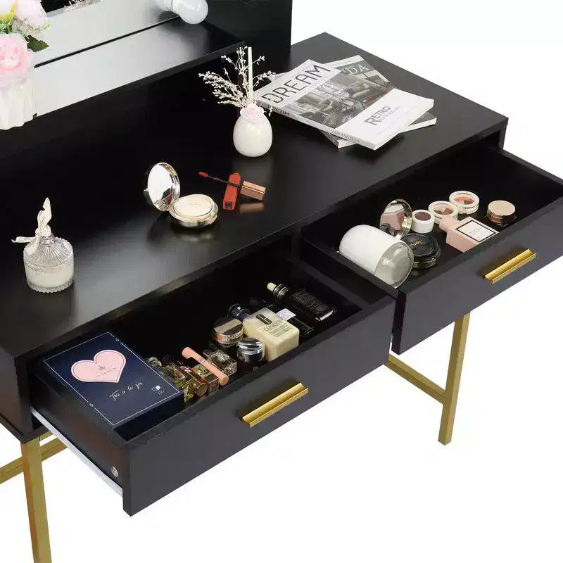 Ensemble coiffeuse style luxe léger trois tons avec étagère en acier, deux tiroirs et trois étagères en panneaux de particules noirs