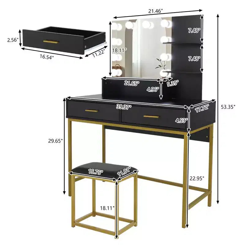 Ensemble coiffeuse style luxe léger trois tons avec étagère en acier, deux tiroirs et trois étagères en panneaux de particules noirs
