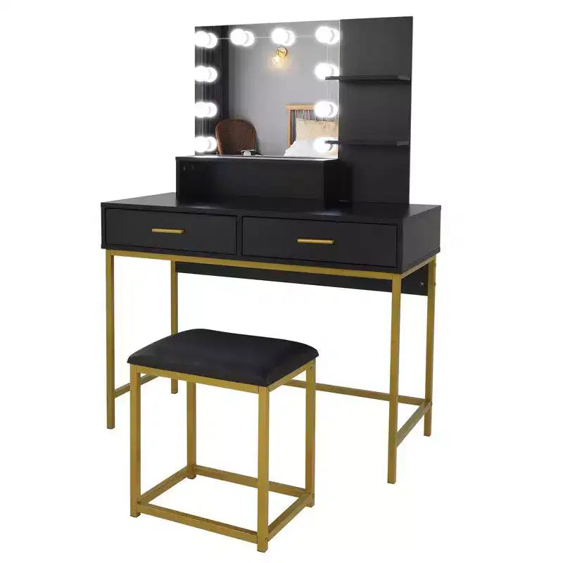 Ensemble coiffeuse style luxe léger trois tons avec étagère en acier, deux tiroirs et trois étagères en panneaux de particules noirs