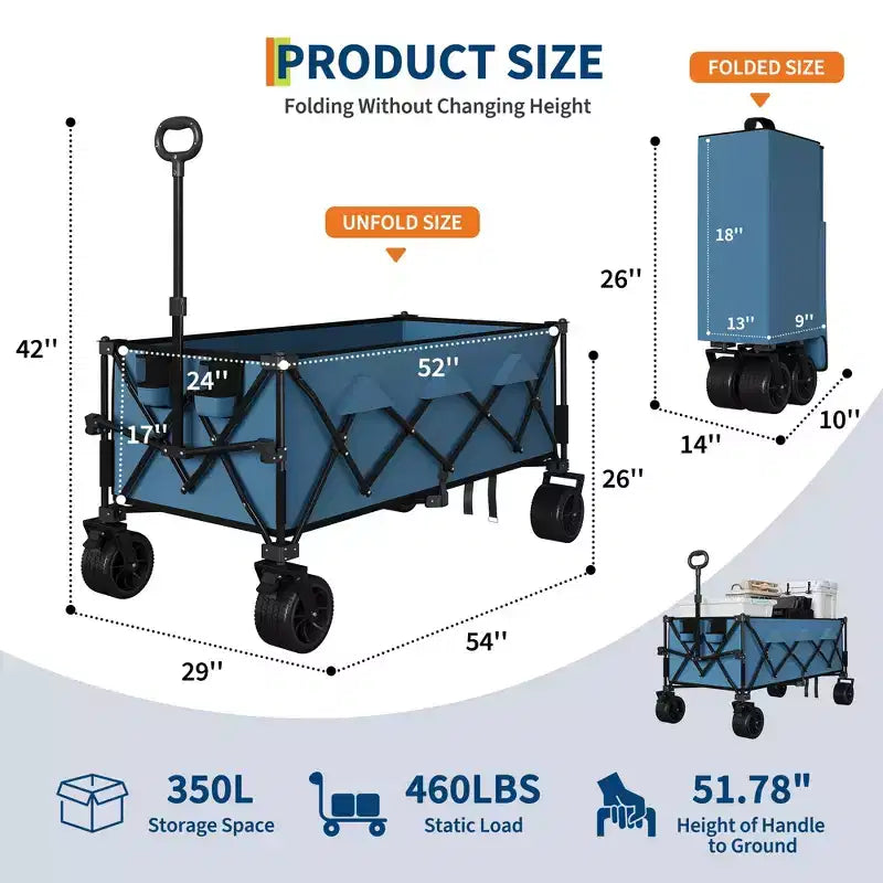 Chariot utilitaire pliant TROPOW avec roues tout-terrain, chariot de plage pliable robuste, chariot portable pour l'épicerie, le sable, le camping, bleu
