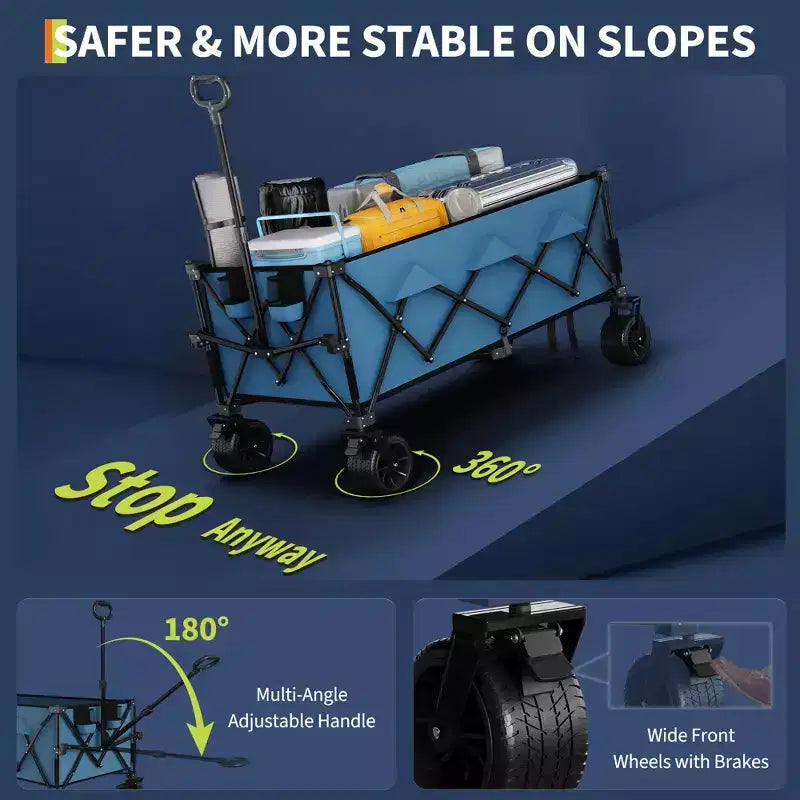Chariot utilitaire pliant TROPOW avec roues tout-terrain, chariot de plage pliable robuste, chariot portable pour l'épicerie, le sable, le camping, bleu