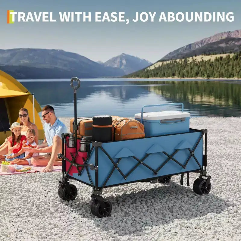 Chariot utilitaire pliant TROPOW avec roues tout-terrain, chariot de plage pliable robuste, chariot portable pour l'épicerie, le sable, le camping, bleu