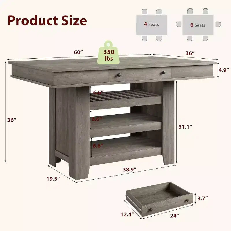 Table de salle à manger Acekool hauteur comptoir, 91 cm de haut, table rectangulaire de style ferme avec rangement, casier à vin, tiroirs, assemblage facile,