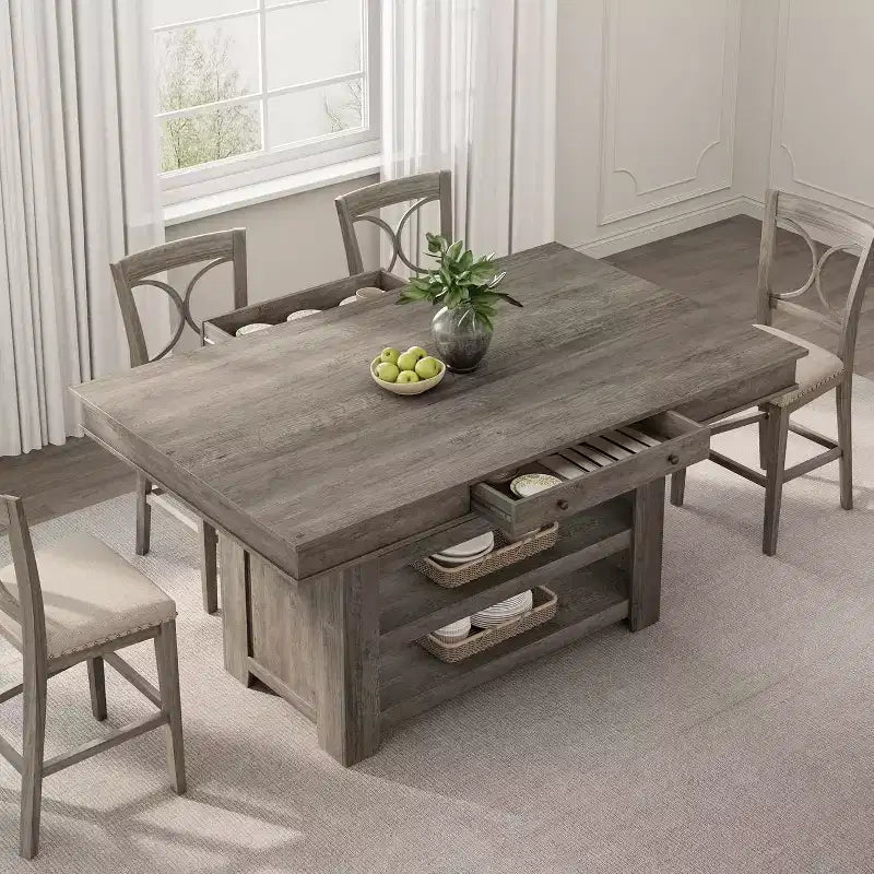 Table de salle à manger Acekool hauteur comptoir, 91 cm de haut, table rectangulaire de style ferme avec rangement, casier à vin, tiroirs, assemblage facile,