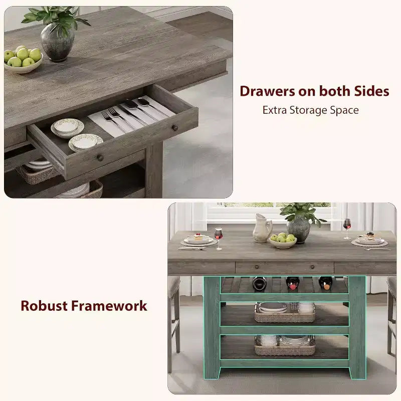 Table de salle à manger Acekool hauteur comptoir, 91 cm de haut, table rectangulaire de style ferme avec rangement, casier à vin, tiroirs, assemblage facile,