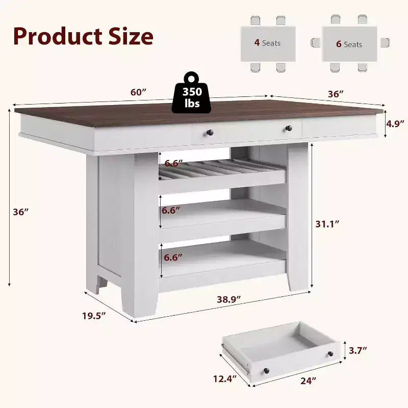 Table de salle à manger Acekool hauteur comptoir, 91 cm de haut, table rectangulaire de style ferme avec rangement, casier à vin, tiroirs, assemblage facile,