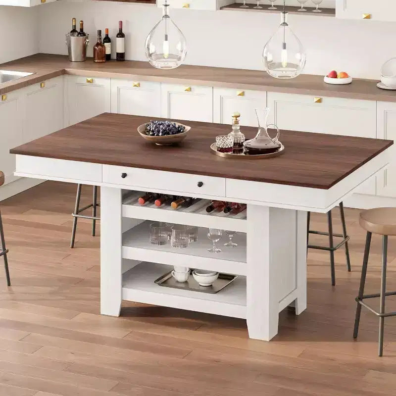 Acekool Counter Height Dining Table, 36 Tall, Farmhouse Rectangular Table with Storage, Wine Rack, Drawers, Easy Assembly,