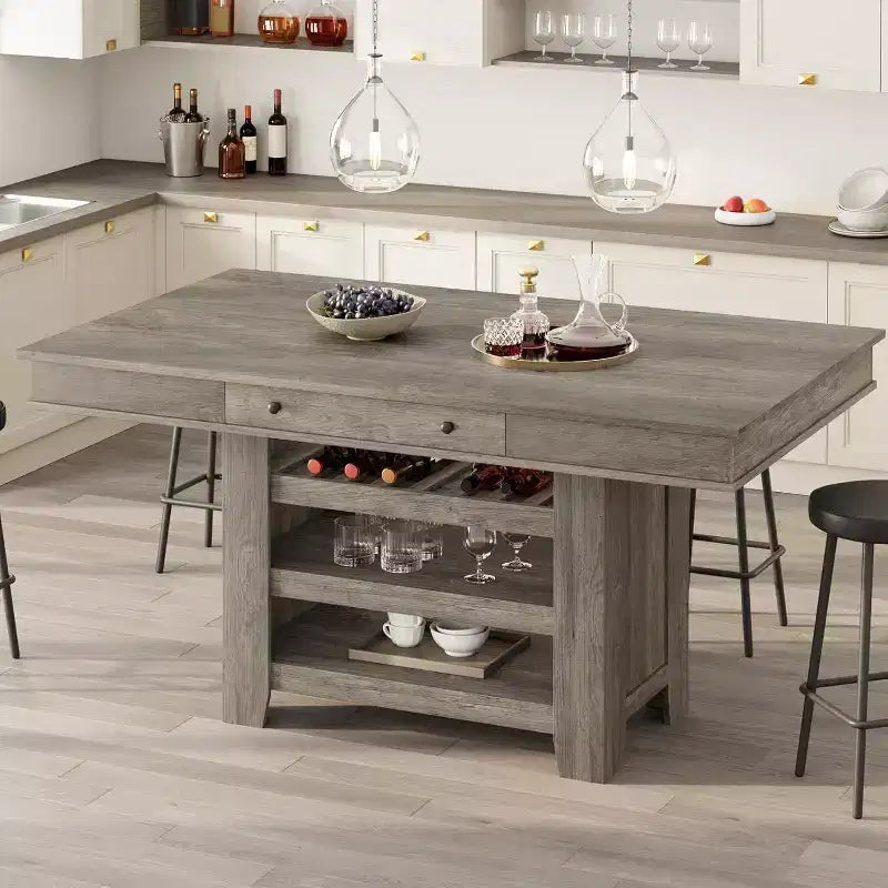 Table de salle à manger Acekool hauteur comptoir, 91 cm de haut, table rectangulaire de style ferme avec rangement, casier à vin, tiroirs, assemblage facile,