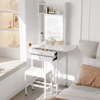 Petit ensemble de coiffeuse avec miroir, tabouret, éclairage réglable, 2 tiroirs, support pour sèche-cheveux, panneau pliant, pour petites chambres et coins