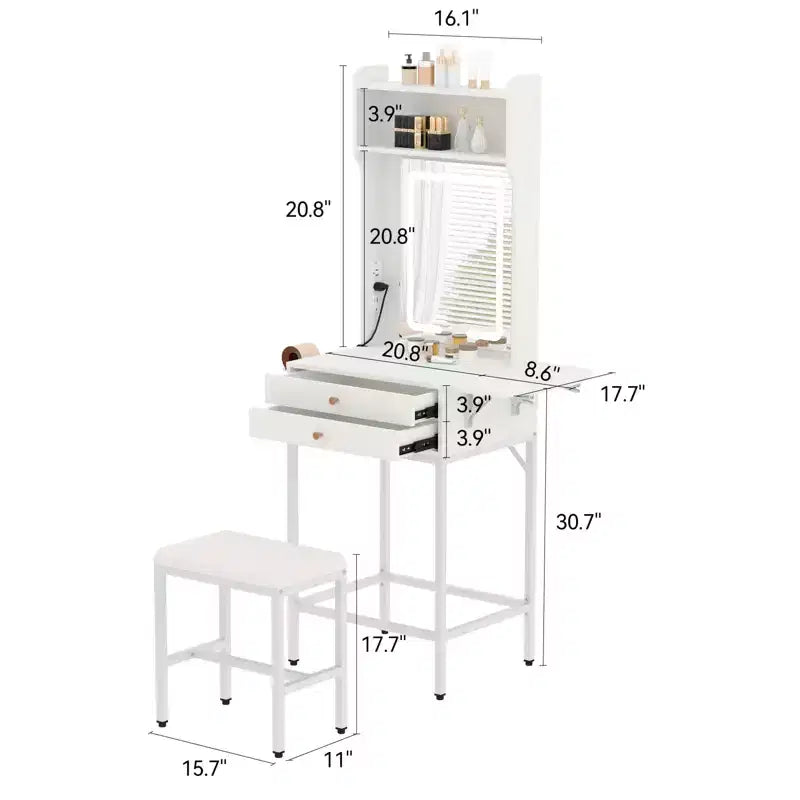 Petit ensemble de coiffeuse avec miroir, tabouret, éclairage réglable, 2 tiroirs, support pour sèche-cheveux, panneau pliant, pour petites chambres et coins
