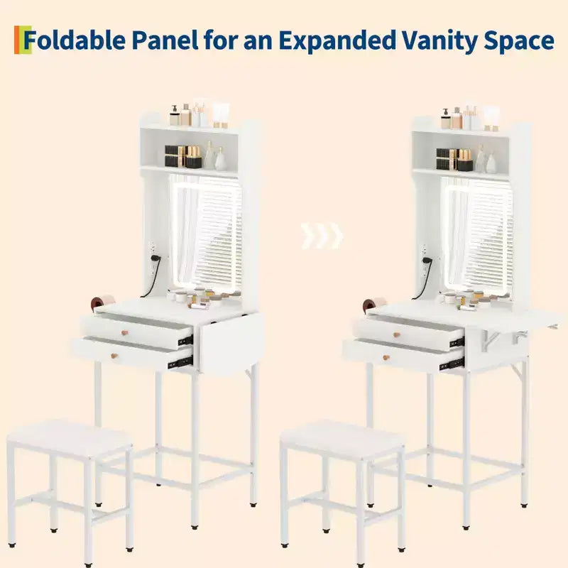 Petit ensemble de coiffeuse avec miroir, tabouret, éclairage réglable, 2 tiroirs, support pour sèche-cheveux, panneau pliant, pour petites chambres et coins