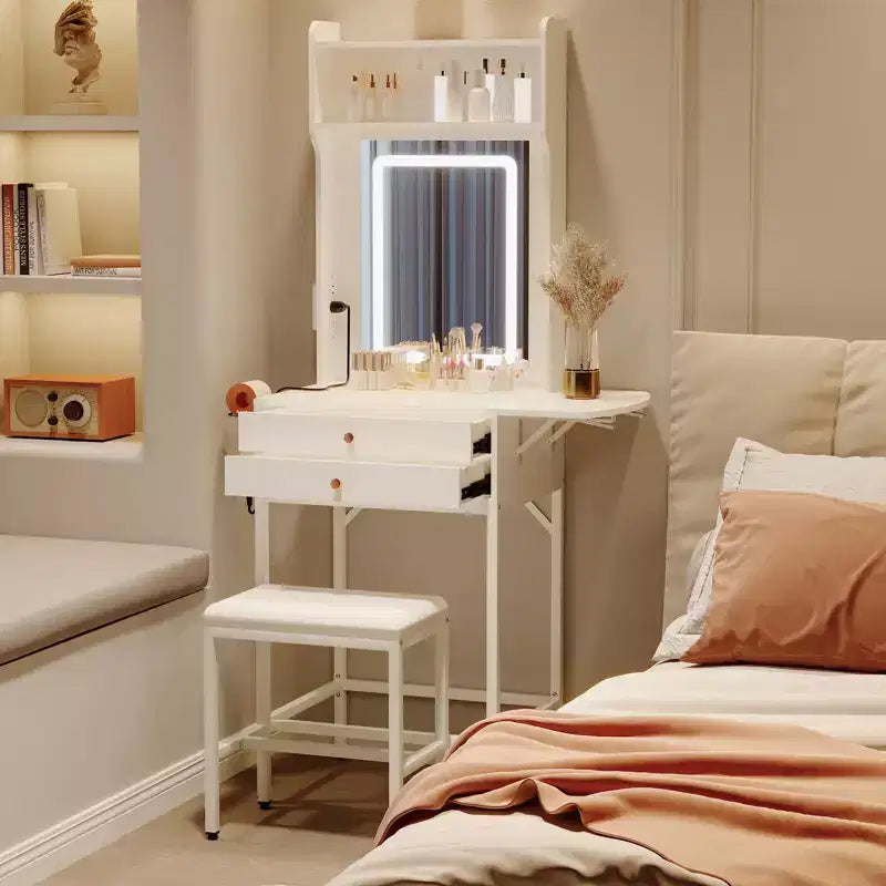 Petit ensemble de coiffeuse avec miroir, tabouret, éclairage réglable, 2 tiroirs, support pour sèche-cheveux, panneau pliant, pour petites chambres et coins