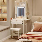 Petit ensemble de coiffeuse avec miroir, tabouret, éclairage réglable, 2 tiroirs, support pour sèche-cheveux, panneau pliant, pour petites chambres et coins