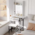 Petit ensemble de coiffeuse avec miroir, tabouret, éclairage réglable, 2 tiroirs, support pour sèche-cheveux, panneau pliant, pour petites chambres et coins