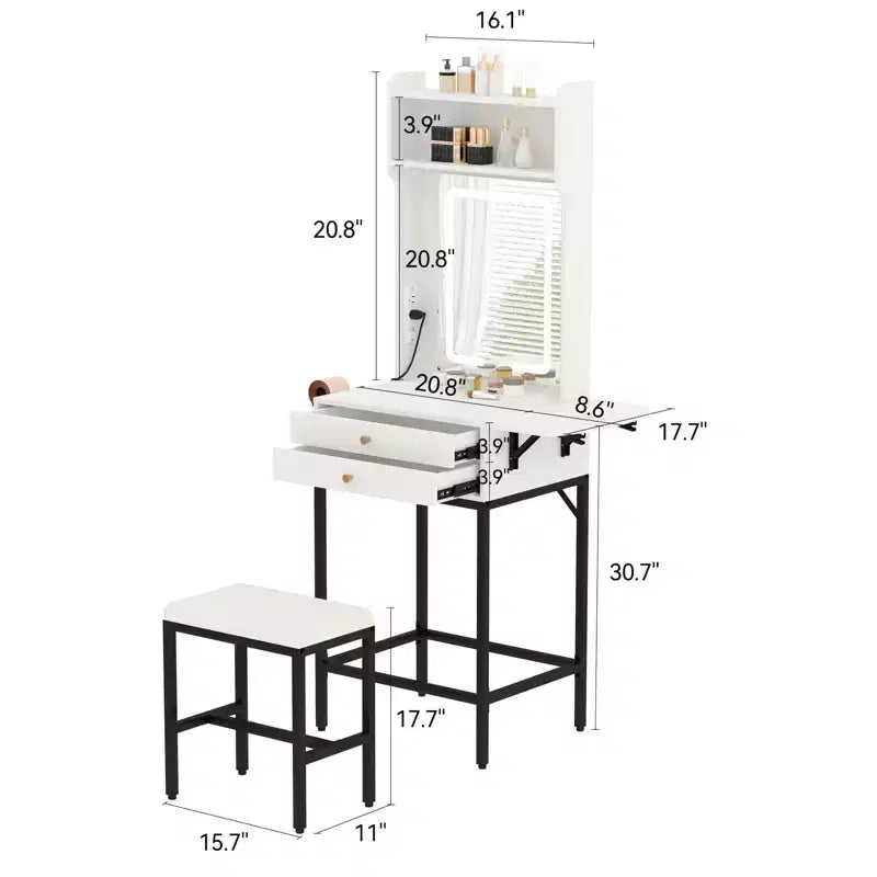 Petit ensemble de coiffeuse avec miroir, tabouret, éclairage réglable, 2 tiroirs, support pour sèche-cheveux, panneau pliant, pour petites chambres et coins