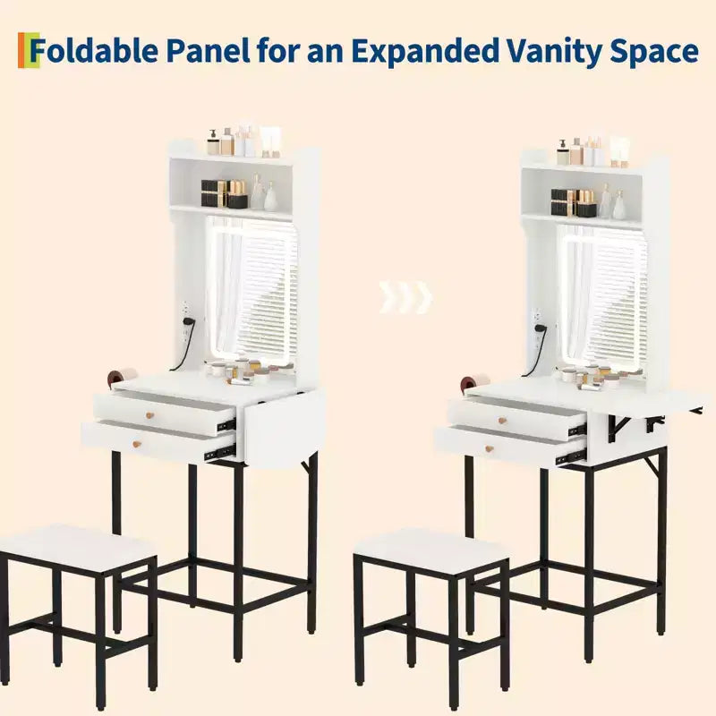 Petit ensemble de coiffeuse avec miroir, tabouret, éclairage réglable, 2 tiroirs, support pour sèche-cheveux, panneau pliant, pour petites chambres et coins