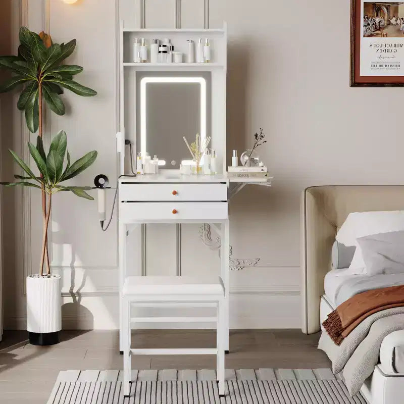 Petit ensemble de coiffeuse avec miroir, tabouret, éclairage réglable, 2 tiroirs, support pour sèche-cheveux, panneau pliant, pour petites chambres et coins