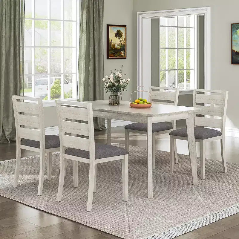 VECELO Ensemble de salle à manger 5 pièces style ferme, table en bois d'hévéa et 4 chaises de salle à manger rembourrées, gris