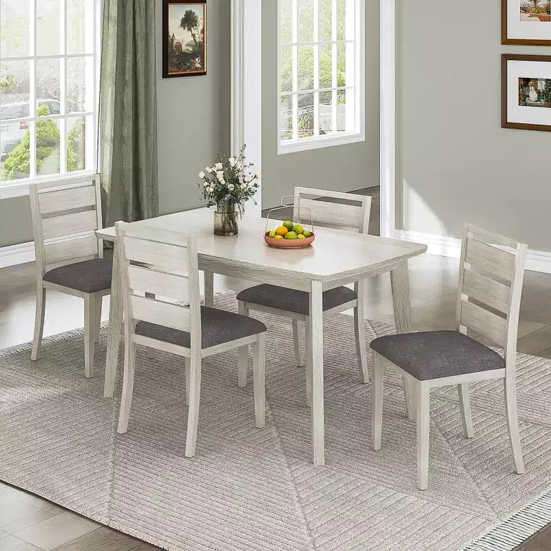 VECELO Ensemble de salle à manger 5 pièces style ferme, table en bois d'hévéa et 4 chaises de salle à manger rembourrées, gris
