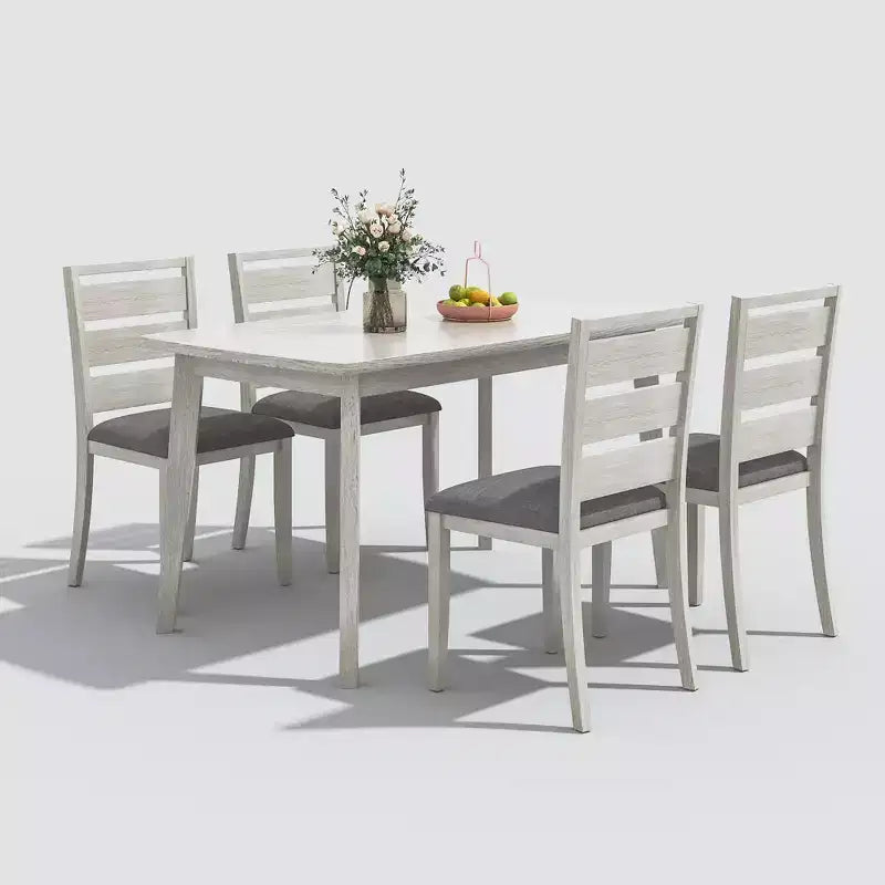 VECELO Ensemble de salle à manger 5 pièces style ferme, table en bois d'hévéa et 4 chaises de salle à manger rembourrées, gris