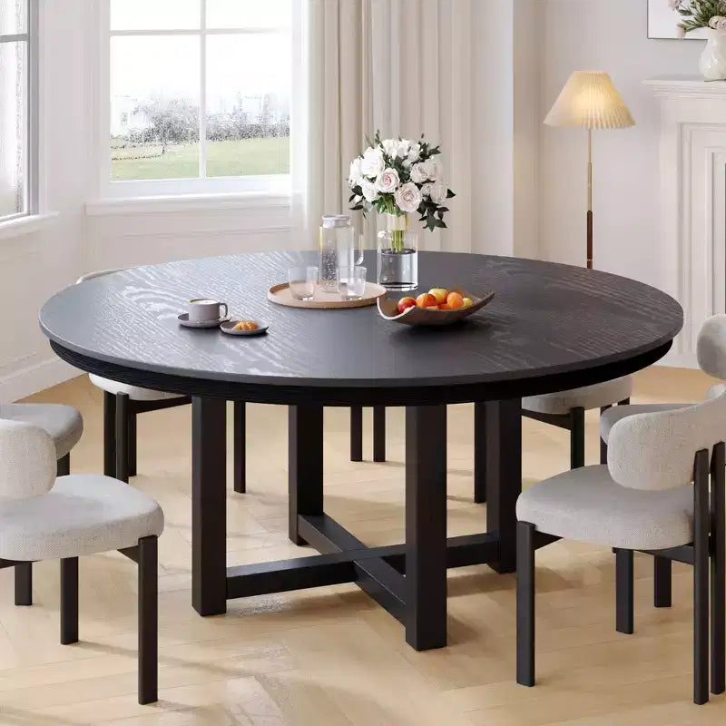 PexFix Table à manger ronde de ferme en bois massif 59 x 59 avec plateau à texture bois et base en X croisé pour salles à manger modernes et réunions de famille, Noir
