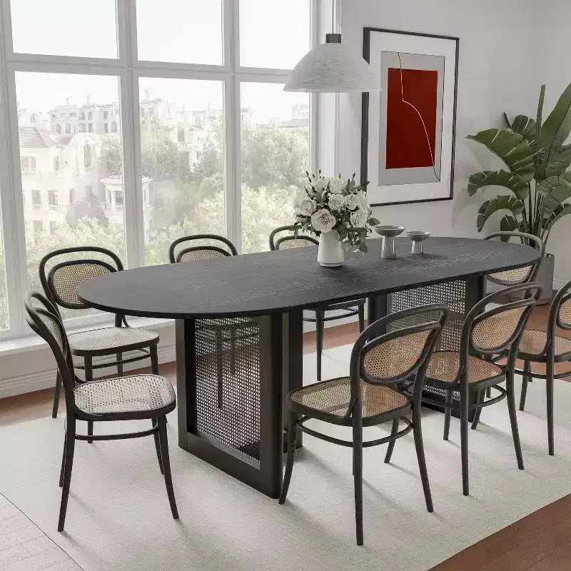 PexFix 79 x 33.5 Table de Salle à Manger de Ferme Meubles de Maison Table de Cuisine Ovale Noire avec Pieds en Rotin Tressé pour Cuisine Bar Salon