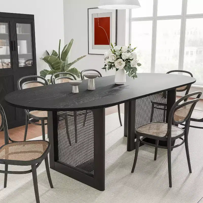 PexFix 79 x 33.5 Table de Salle à Manger de Ferme Meubles de Maison Table de Cuisine Ovale Noire avec Pieds en Rotin Tressé pour Cuisine Bar Salon