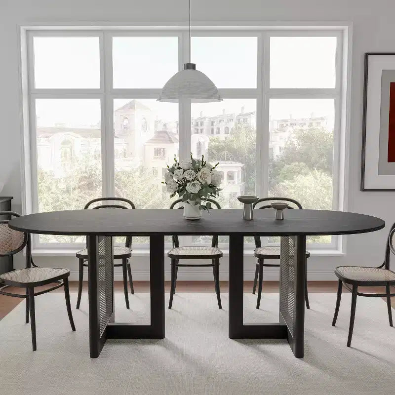 PexFix 79 x 33.5 Table de Salle à Manger de Ferme Meubles de Maison Table de Cuisine Ovale Noire avec Pieds en Rotin Tressé pour Cuisine Bar Salon