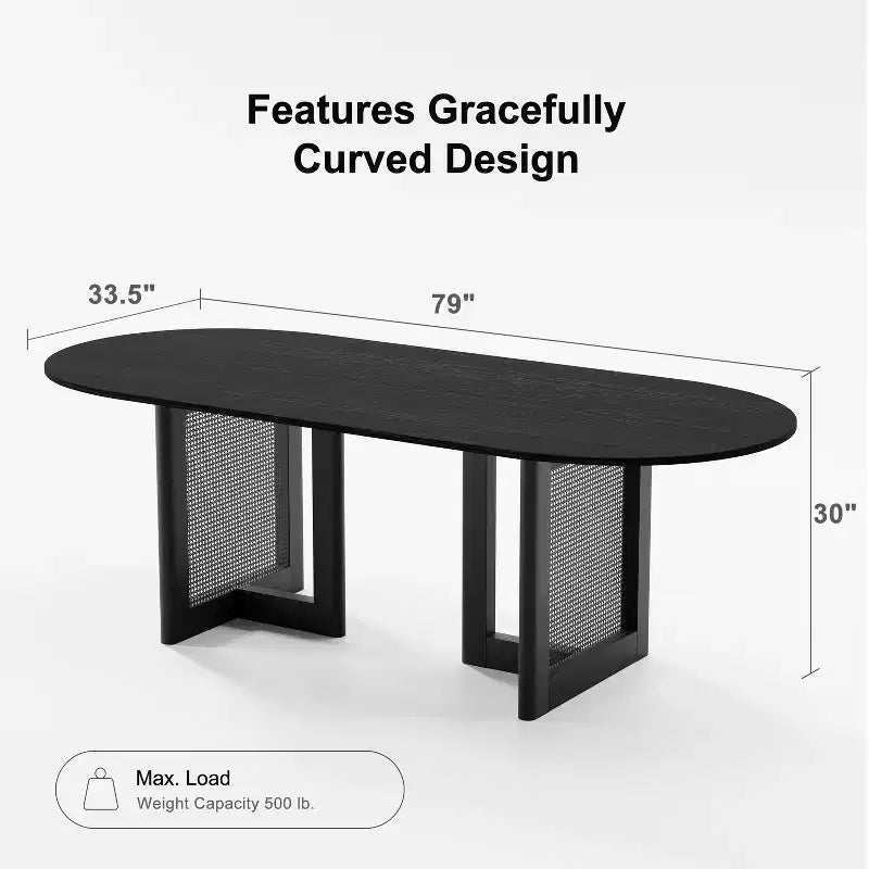 PexFix 79 x 33.5 Table de Salle à Manger de Ferme Meubles de Maison Table de Cuisine Ovale Noire avec Pieds en Rotin Tressé pour Cuisine Bar Salon