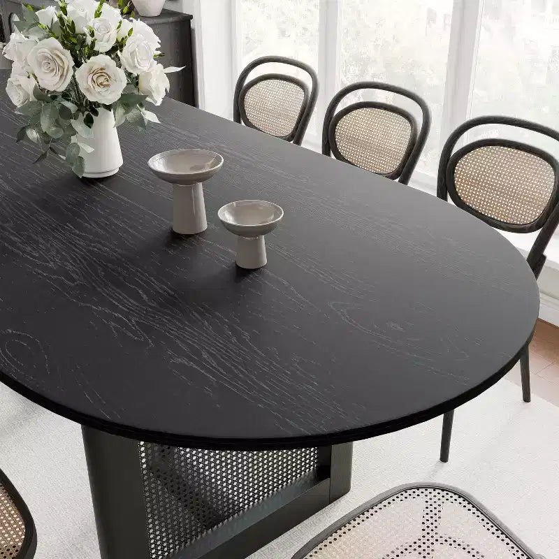 PexFix 79 x 33.5 Table de Salle à Manger de Ferme Meubles de Maison Table de Cuisine Ovale Noire avec Pieds en Rotin Tressé pour Cuisine Bar Salon