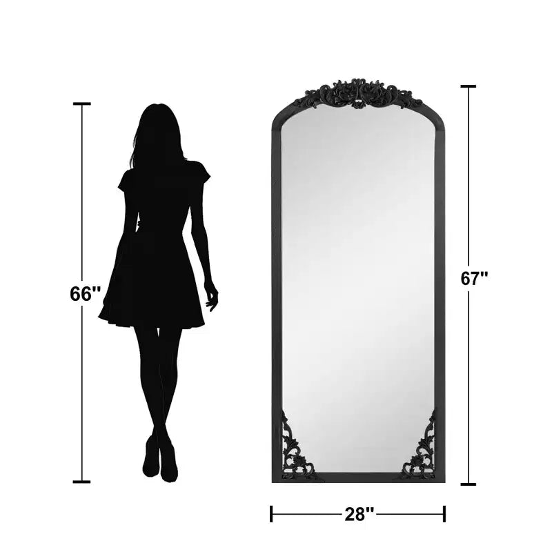 Miroir sur pied noir en bois massif sculpté en micro-arche à angle droit de 67x28 pouces (sans support)