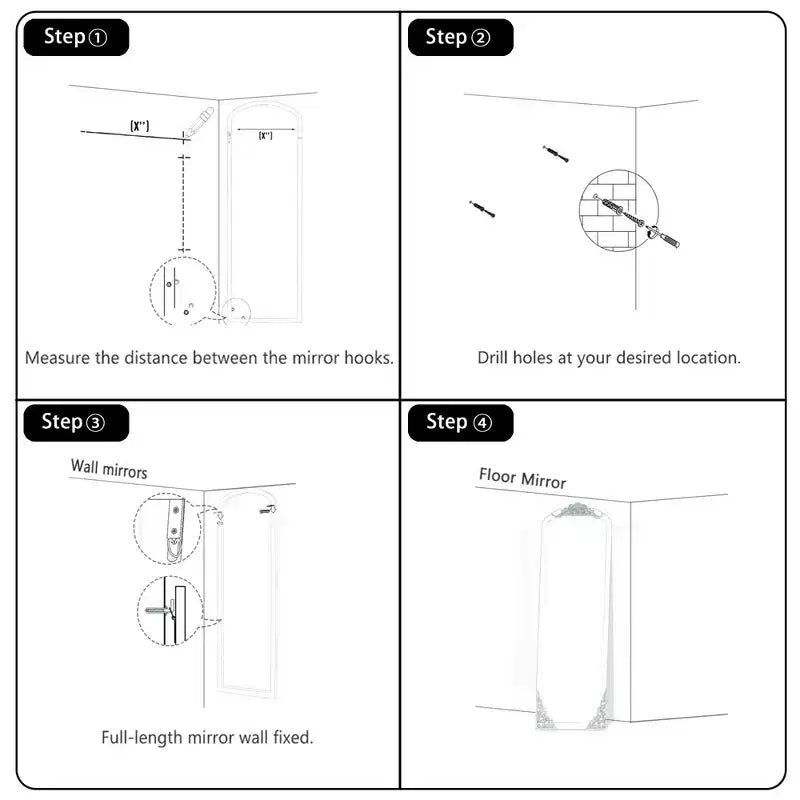 Miroir sur pied noir en bois massif sculpté en micro-arche à angle droit de 67x28 pouces (sans support)